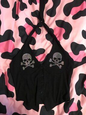 ROMWE PUNK Rhinestone Skull Pattern Backless Asymmetrical Hem Halter Top